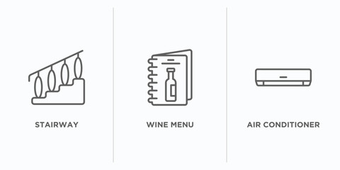 Poster - hotel and restaurant outline icons set. thin line icons such as stairway, wine menu, air conditioner vector. linear icon sheet can be used web and mobile