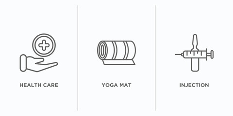 Poster - health and medical outline icons set. thin line icons such as health care, yoga mat, injection vector. linear icon sheet can be used web and mobile