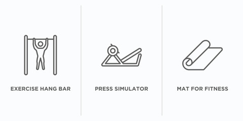 Poster - gym and fitness outline icons set. thin line icons such as exercise hang bar, press simulator, mat for fitness vector. linear icon sheet can be used web and mobile