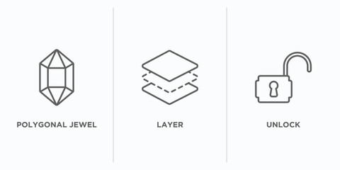 Poster - geometry outline icons set. thin line icons such as polygonal jewel, layer, unlock vector. linear icon sheet can be used web and mobile