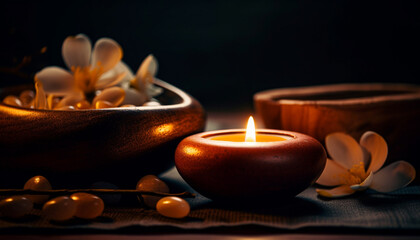 Poster - Burning candle ignites bowl creating aromatherapy spa treatment generated by AI