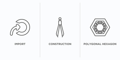 Poster - geometry outline icons set. thin line icons such as import, construction, polygonal hexagon vector. 