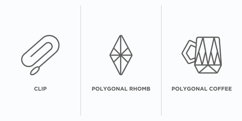 Poster - geometry outline icons set. thin line icons such as clip, polygonal rhomb, polygonal coffee cup vect