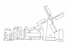 Single Line Drawing Of A Europe City Skyline. Flat Design For Travel And Tourism Destination Promotion Design