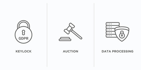 Poster - gdpr outline icons set. thin line icons such as keylock, auction, data processing vector. linear icon sheet can be used web and mobile