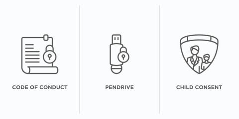 Poster - gdpr outline icons set. thin line icons such as code of conduct, pendrive, child consent vector. lin