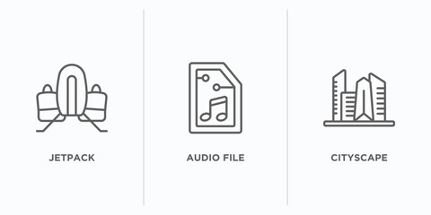 Poster - future technology outline icons set. thin line icons such as jetpack, audio file, cityscape vector. 