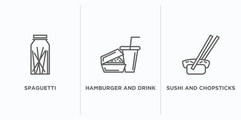 Poster - food outline icons set. thin line icons such as spaguetti, hamburger and drink, sushi and chopsticks vector. linear icon sheet can be used web and mobile