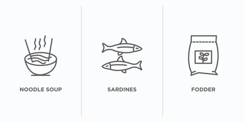 Poster - food outline icons set. thin line icons such as noodle soup, sardines, fodder vector. linear icon sheet can be used web and mobile
