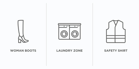 Wall Mural - fashion outline icons set. thin line icons such as woman boots, laundry zone, safety shirt vector. linear icon sheet can be used web and mobile