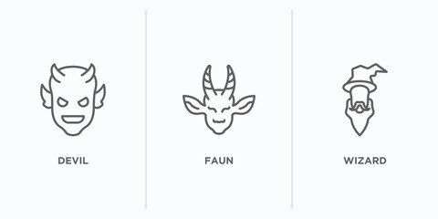 fairy tale outline icons set. thin line icons such as devil, faun, wizard vector. linear icon sheet can be used web and mobile