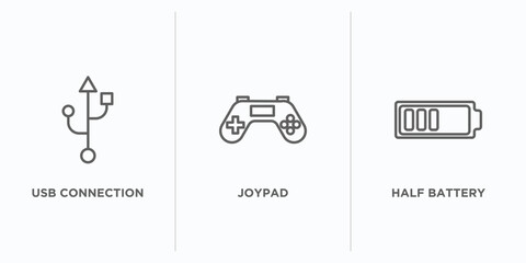 Poster - electronic stuff fill outline icons set. thin line icons such as usb connection, joypad, half battery vector. linear icon sheet can be used web and mobile