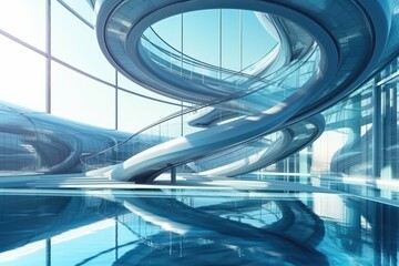 Poster - modern building with a sleek pool in the foreground. Generative AI
