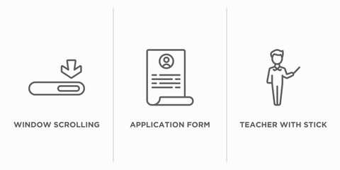 Poster - education outline icons set. thin line icons such as window scrolling medium, application form, teacher with stick vector. linear icon sheet can be used web and mobile