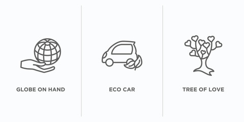 Poster - ecology outline icons set. thin line icons such as globe on hand, eco car, tree of love vector. linear icon sheet can be used web and mobile