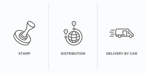 Poster - delivery and logistic outline icons set. thin line icons such as stamp, distribution, delivery by car vector. linear icon sheet can be used web and mobile