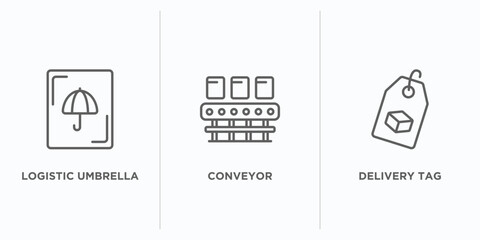 Poster - delivery and logistic outline icons set. thin line icons such as logistic umbrella, conveyor, delivery tag vector. linear icon sheet can be used web and mobile