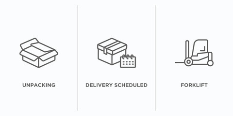 Poster - delivery and logistic outline icons set. thin line icons such as unpacking, delivery scheduled, forklift vector. linear icon sheet can be used web and mobile