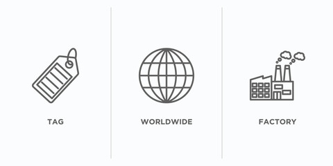 Poster - delivery and logistic outline icons set. thin line icons such as tag, worldwide, factory vector. linear icon sheet can be used web and mobile