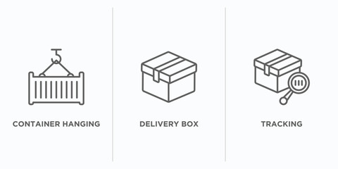 Poster - delivery and logistic outline icons set. thin line icons such as container hanging, delivery box, tracking vector. linear icon sheet can be used web and mobile