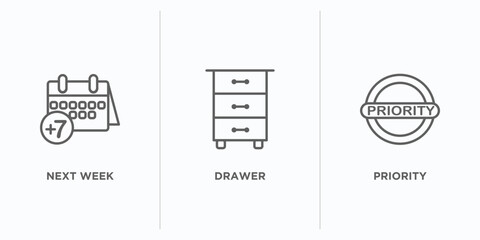 Poster - content outline icons set. thin line icons such as next week, drawer, priority vector. linear icon sheet can be used web and mobile