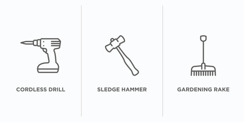 Poster - construction tools outline icons set. thin line icons such as cordless drill, sledge hammer, gardening rake vector. linear icon sheet can be used web and mobile