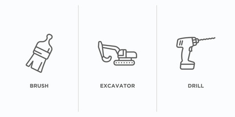 Poster - construction outline icons set. thin line icons such as brush, excavator, drill vector. linear icon sheet can be used web and mobile