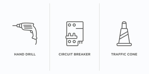 Poster - construction tools outline icons set. thin line icons such as hand drill, circuit breaker, traffic cone vector. linear icon sheet can be used web and mobile