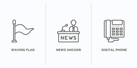 Poster - communications outline icons set. thin line icons such as waving flag, news anchor, digital phone ve