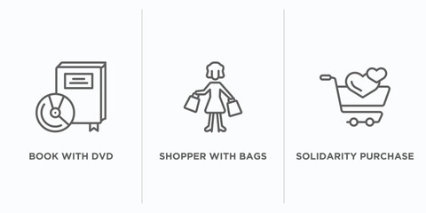 Poster - commerce outline icons set. thin line icons such as book with dvd, shopper with bags, solidarity purchase vector. linear icon sheet can be used web and mobile