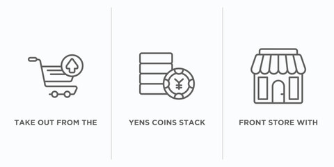 Poster - commerce outline icons set. thin line icons such as take out from the cart, yens coins stack, front store with awning vector. linear icon sheet can be used web and mobile