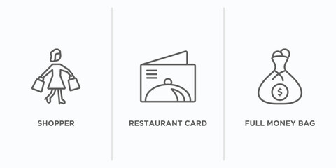 Poster - commerce outline icons set. thin line icons such as shopper, restaurant card, full money bag vector. linear icon sheet can be used web and mobile
