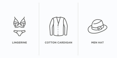 Wall Mural - clothes outline icons set. thin line icons such as lingerine, cotton cardigan, men hat vector. linear icon sheet can be used web and mobile