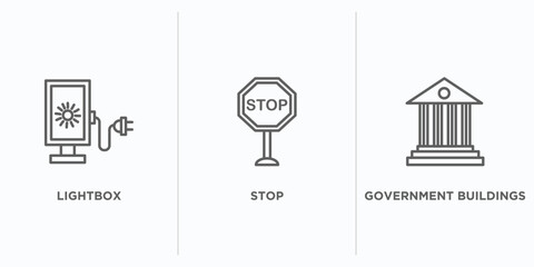 Poster - city elements outline icons set. thin line icons such as lightbox, stop, government buildings vector. linear icon sheet can be used web and mobile
