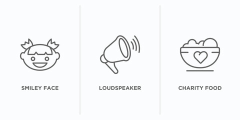 Poster - charity outline icons set. thin line icons such as smiley face, loudspeaker, charity food vector. linear icon sheet can be used web and mobile