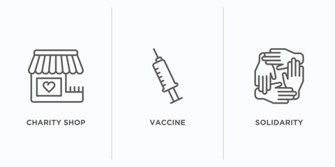 Poster - charity outline icons set. thin line icons such as charity shop, vaccine, solidarity vector. linear icon sheet can be used web and mobile