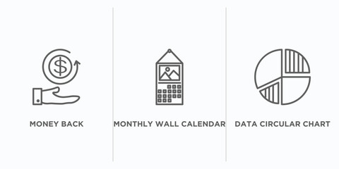 Poster - business and finance outline icons set. thin line icons such as money back, monthly wall calendar, d