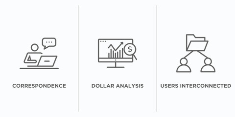 Poster - business and analytics outline icons set. thin line icons such as correspondence, dollar analysis bars, users interconnected vector. linear icon sheet can be used web and mobile