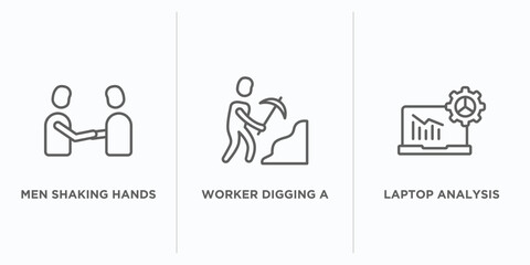 Poster - business outline icons set. thin line icons such as men shaking hands, worker digging a hole, laptop analysis vector. linear icon sheet can be used web and mobile