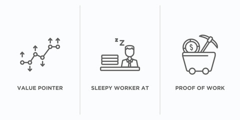 Poster - business outline icons set. thin line icons such as value pointer, sleepy worker at work, proof of work vector. linear icon sheet can be used web and mobile