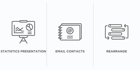 Poster - business outline icons set. thin line icons such as statistics presentation, email contacts, rearrange vector. linear icon sheet can be used web and mobile