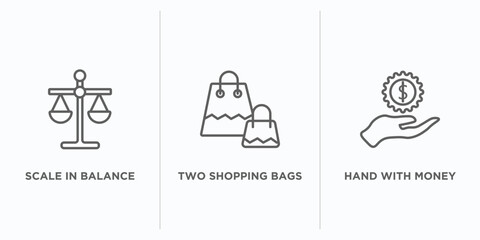 Poster - business outline icons set. thin line icons such as scale in balance, two shopping bags, hand with money gear vector. linear icon sheet can be used web and mobile