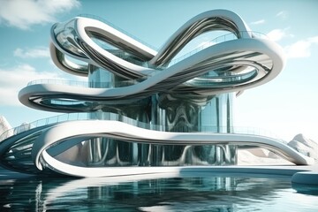 Poster - Futuristic Building with a Wave-like Design. Generative AI