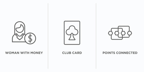Poster - business outline icons set. thin line icons such as woman with money, club card, points connected chart vector. linear icon sheet can be used web and mobile