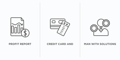 Poster - business outline icons set. thin line icons such as profit report, credit card and ticket, man with solutions vector. linear icon sheet can be used web and mobile