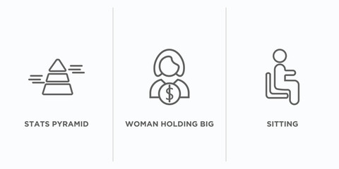 Poster - business outline icons set. thin line icons such as stats pyramid, woman holding big coin, sitting vector. linear icon sheet can be used web and mobile
