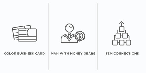 Poster - business outline icons set. thin line icons such as color business card, man with money gears, item connections vector. linear icon sheet can be used web and mobile