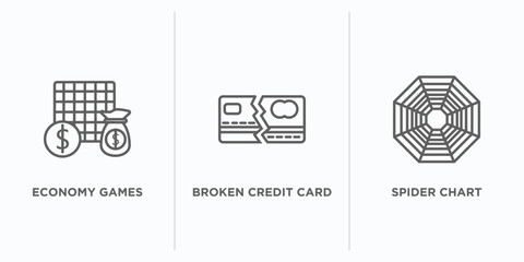 Poster - business outline icons set. thin line icons such as economy games, broken credit card, spider chart vector. linear icon sheet can be used web and mobile