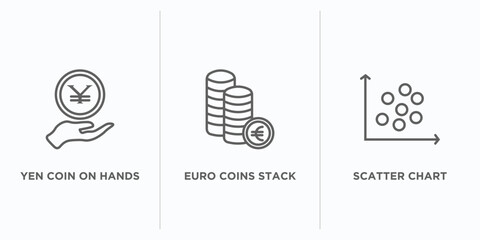 Poster - business outline icons set. thin line icons such as yen coin on hands, euro coins stack, scatter chart vector. linear icon sheet can be used web and mobile