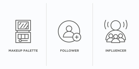Poster - blogger and influencer outline icons set. thin line icons such as makeup palette, follower, influencer vector. linear icon sheet can be used web and mobile